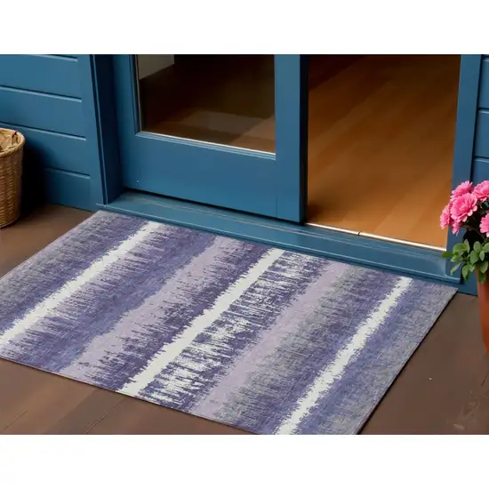 Purple And Ivory Striped Washable Indoor Outdoor Area Rug Photo 1