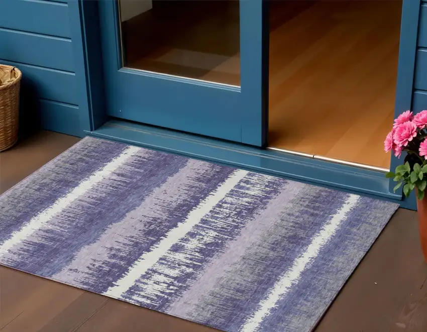 Purple And Ivory Striped Washable Indoor Outdoor Area Rug Photo 1