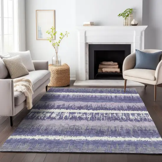 Purple And Ivory Striped Washable Indoor Outdoor Area Rug Photo 7