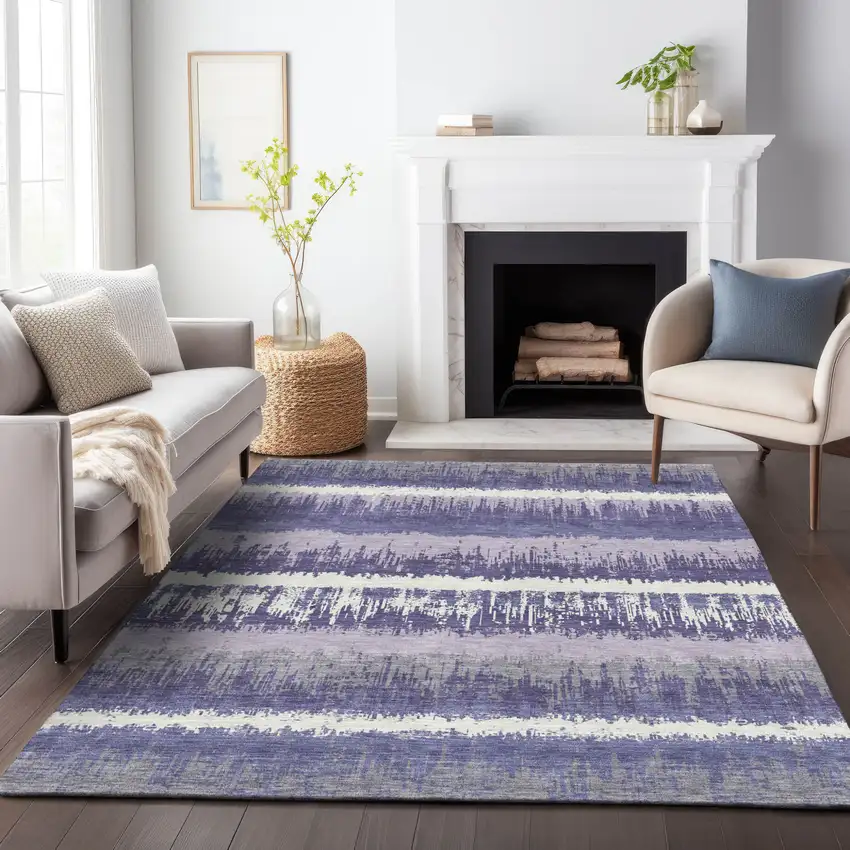 Purple And Ivory Striped Washable Indoor Outdoor Area Rug Photo 7