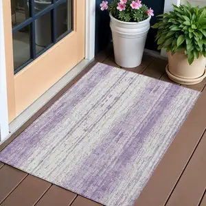 Photo of Purple And Ivory Striped Washable Indoor Outdoor Area Rug