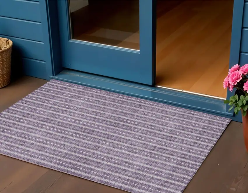 Purple And Ivory Striped Washable Indoor Outdoor Area Rug Photo 1