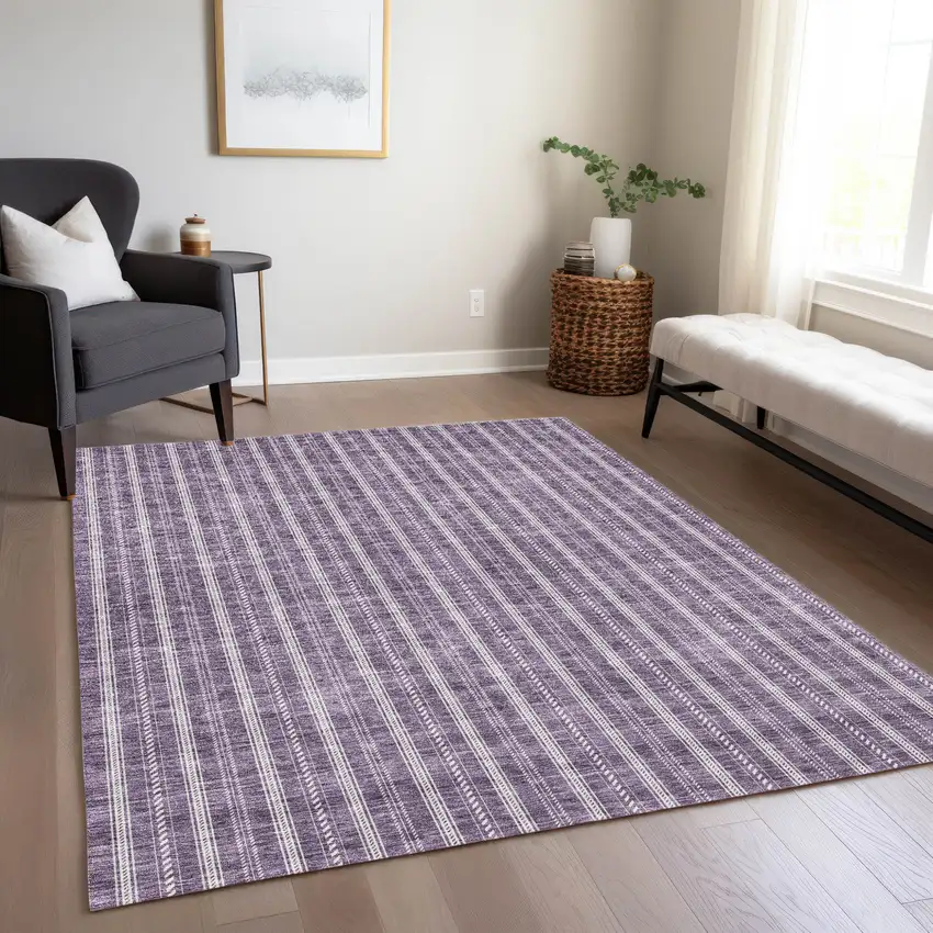Purple And Ivory Striped Washable Indoor Outdoor Area Rug Photo 9