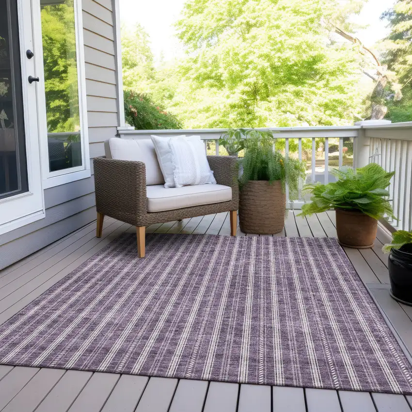 Purple And Ivory Striped Washable Indoor Outdoor Area Rug Photo 7