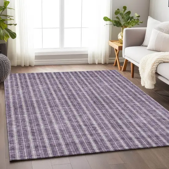 Purple And Ivory Striped Washable Indoor Outdoor Area Rug Photo 8