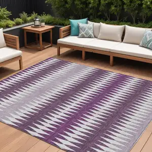 Photo of Purple And Ivory Striped Washable Indoor Outdoor Area Rug
