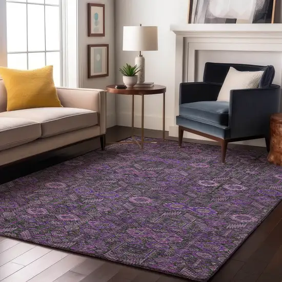 Purple And Ivory Tribal Washable Area Rug With UV Protection Photo 4