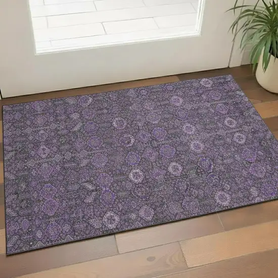 Purple And Ivory Tribal Washable Area Rug With UV Protection Photo 1