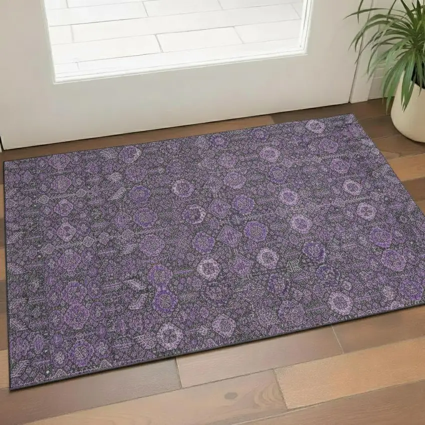 Purple And Ivory Tribal Washable Area Rug With UV Protection Photo 1