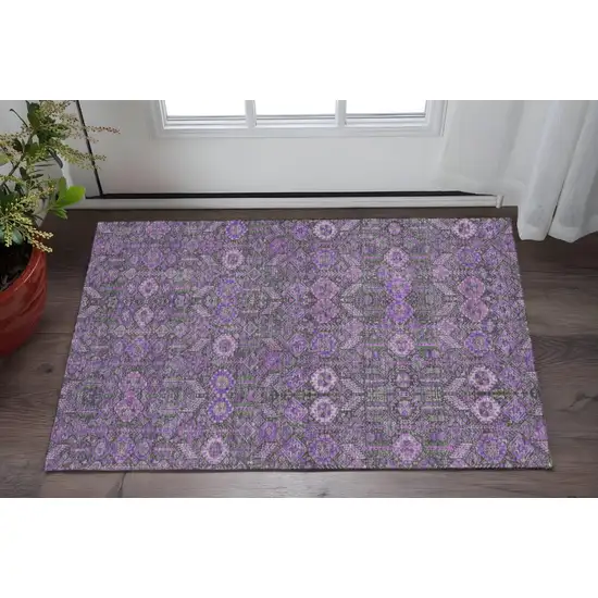 Purple And Ivory Tribal Washable Area Rug With UV Protection Photo 2