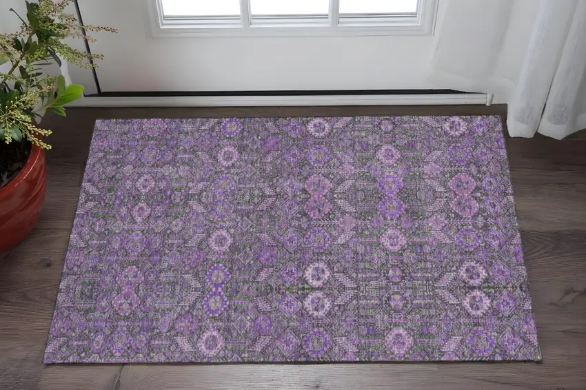 Purple And Ivory Tribal Washable Area Rug With UV Protection Photo 2
