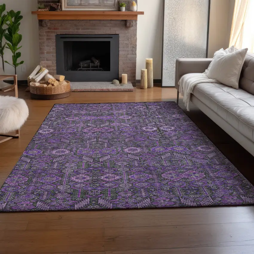 Purple And Ivory Tribal Washable Area Rug With UV Protection Photo 5