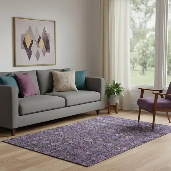 Purple And Ivory Tribal Washable Area Rug With UV Protection Photo 1