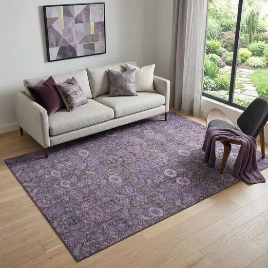 Purple And Ivory Tribal Washable Area Rug With UV Protection Photo 1