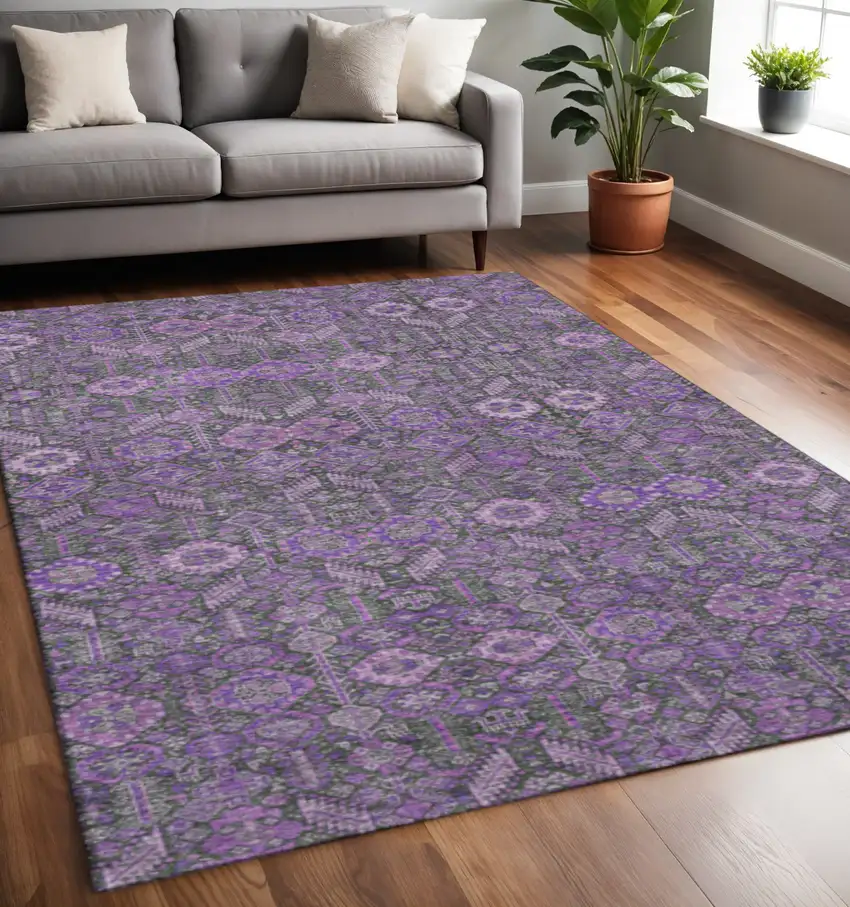 Purple And Ivory Tribal Washable Area Rug With UV Protection Photo 2