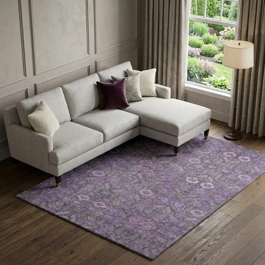 Purple And Ivory Tribal Washable Area Rug With UV Protection Photo 1