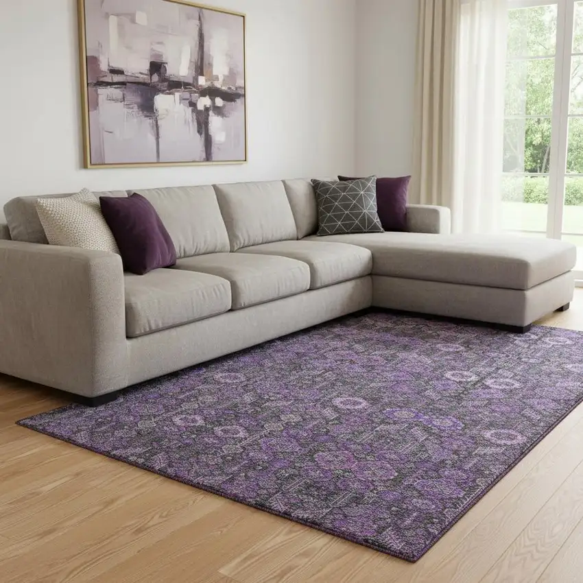 Purple And Ivory Tribal Washable Area Rug With UV Protection Photo 1