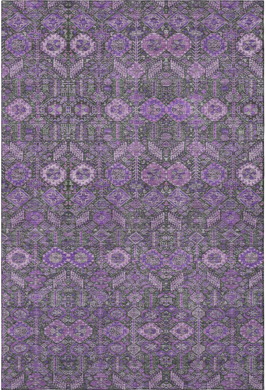Purple And Ivory Tribal Washable Area Rug With UV Protection Photo 4