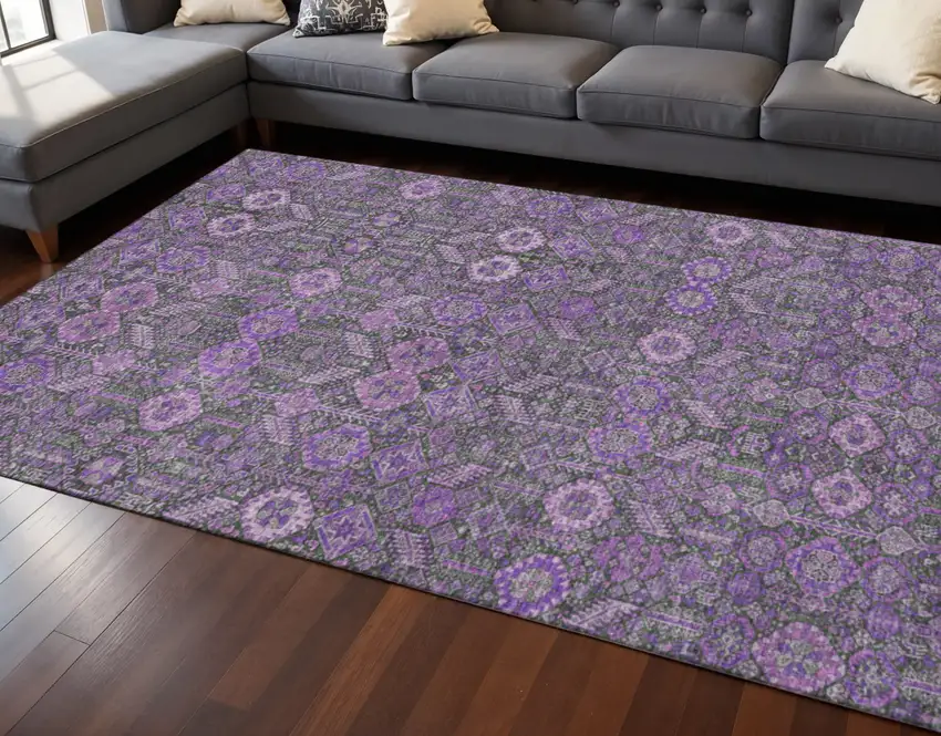 Purple And Ivory Tribal Washable Area Rug With UV Protection Photo 2
