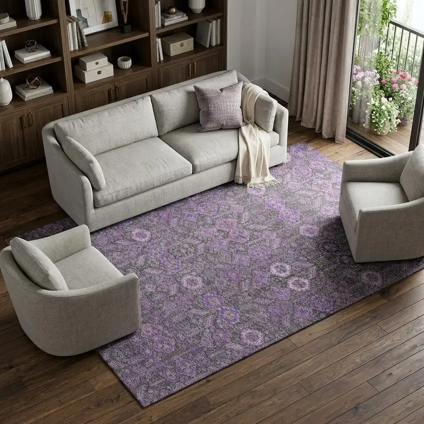 Purple And Ivory Tribal Washable Area Rug With UV Protection Photo 1