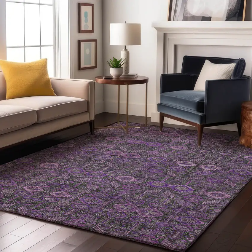 Purple And Ivory Tribal Washable Area Rug With UV Protection Photo 5