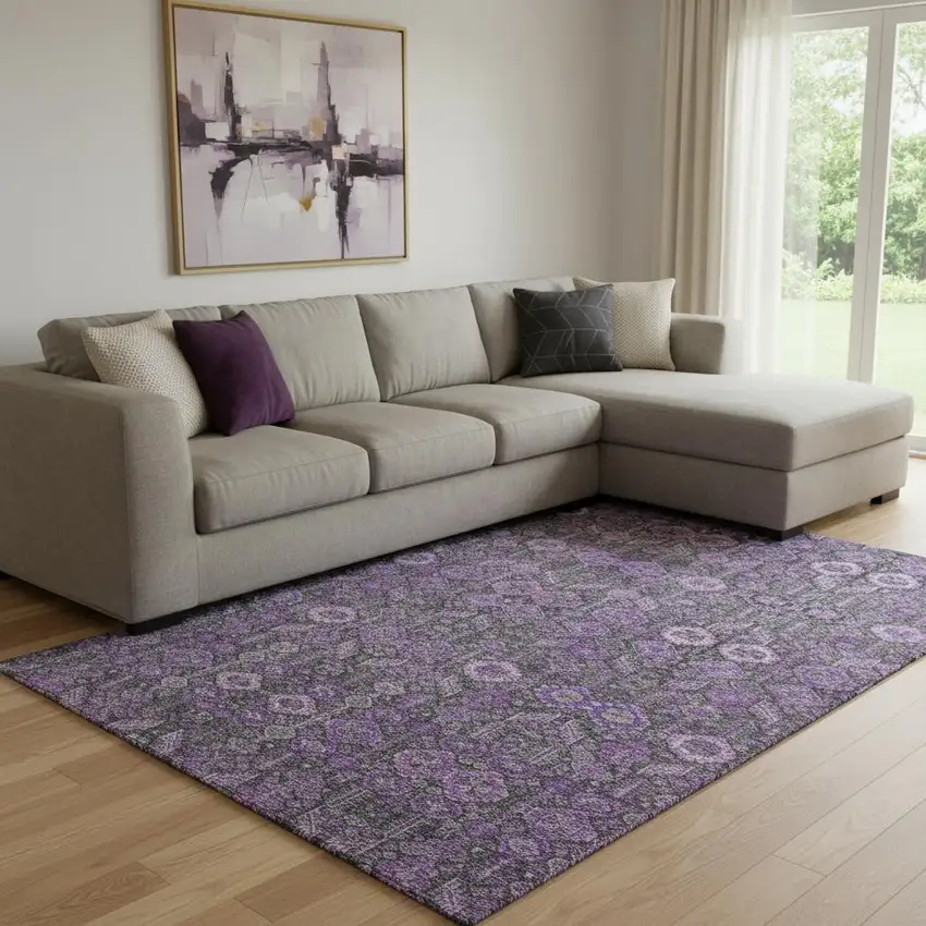Purple And Ivory Tribal Washable Area Rug With UV Protection Photo 1