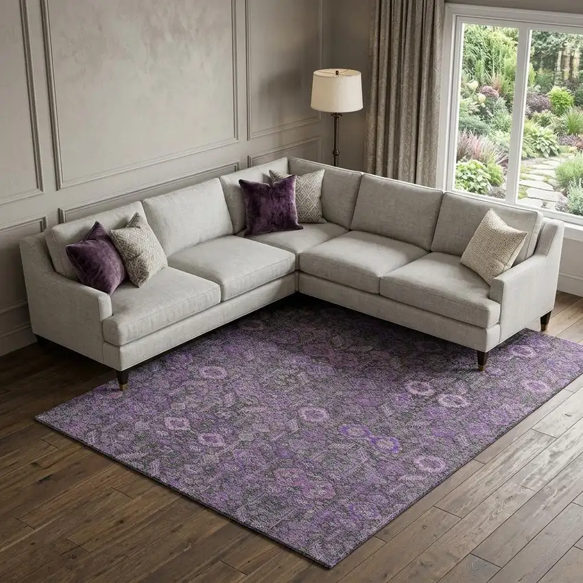 Purple And Ivory Tribal Washable Area Rug With UV Protection Photo 1