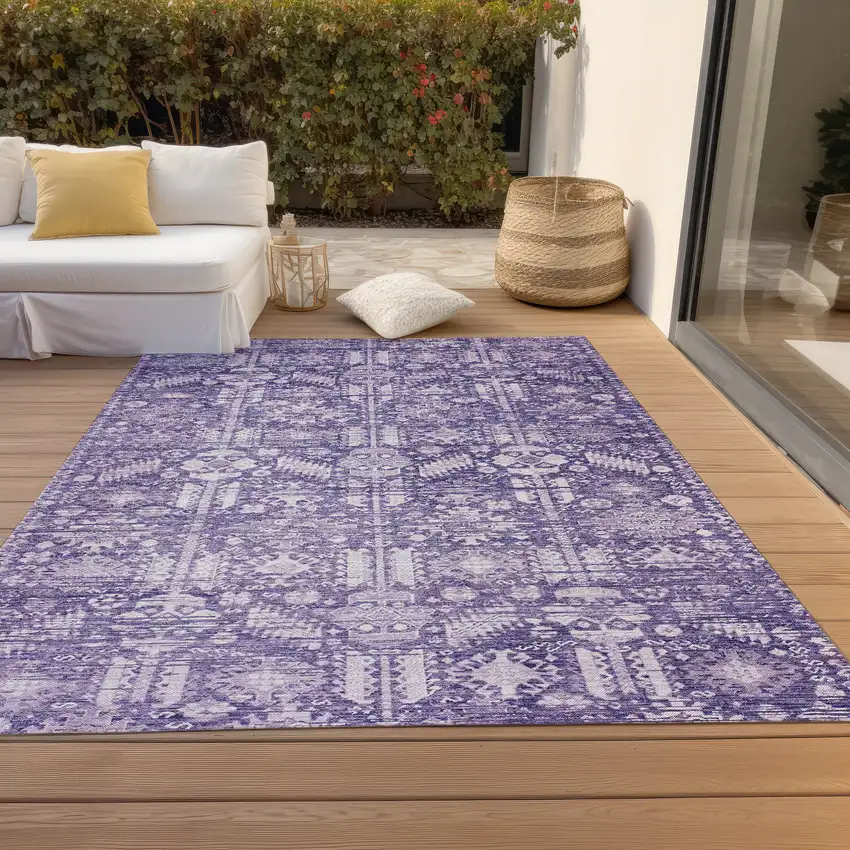 Purple And Ivory Tribal Washable Indoor Outdoor Area Rug Photo 8
