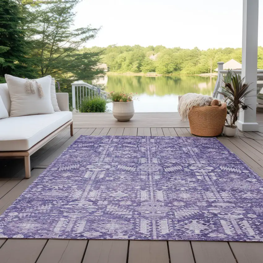 Purple And Ivory Tribal Washable Indoor Outdoor Area Rug Photo 5