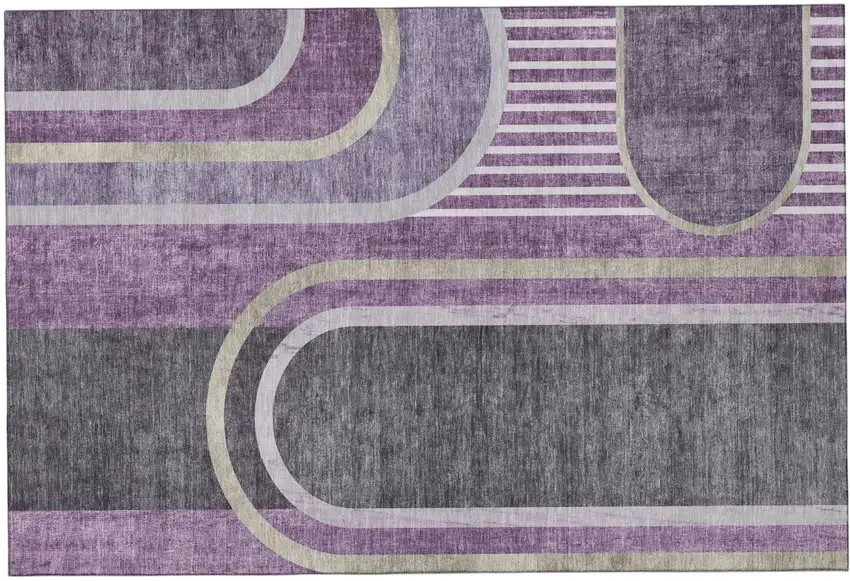 Purple And Khaki Geometric Washable Area Rug With UV Protection Photo 2