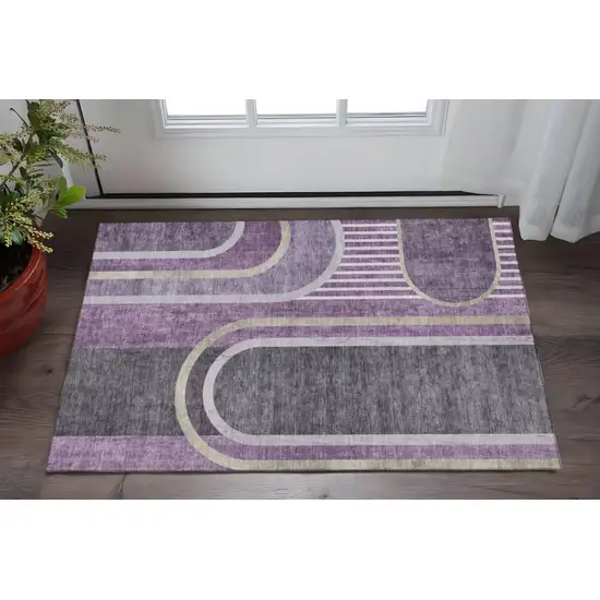 Purple And Khaki Geometric Washable Area Rug With UV Protection Photo 2