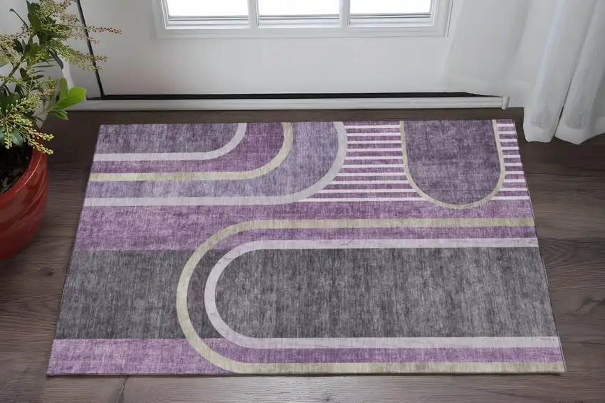 Purple And Khaki Geometric Washable Area Rug With UV Protection Photo 2