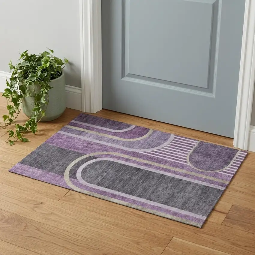 Purple And Khaki Geometric Washable Area Rug With UV Protection Photo 1