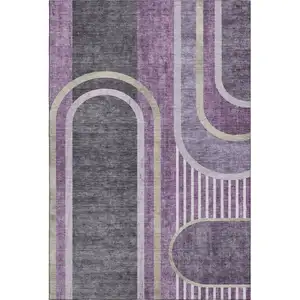 Photo of Purple And Khaki Geometric Washable Area Rug With UV Protection