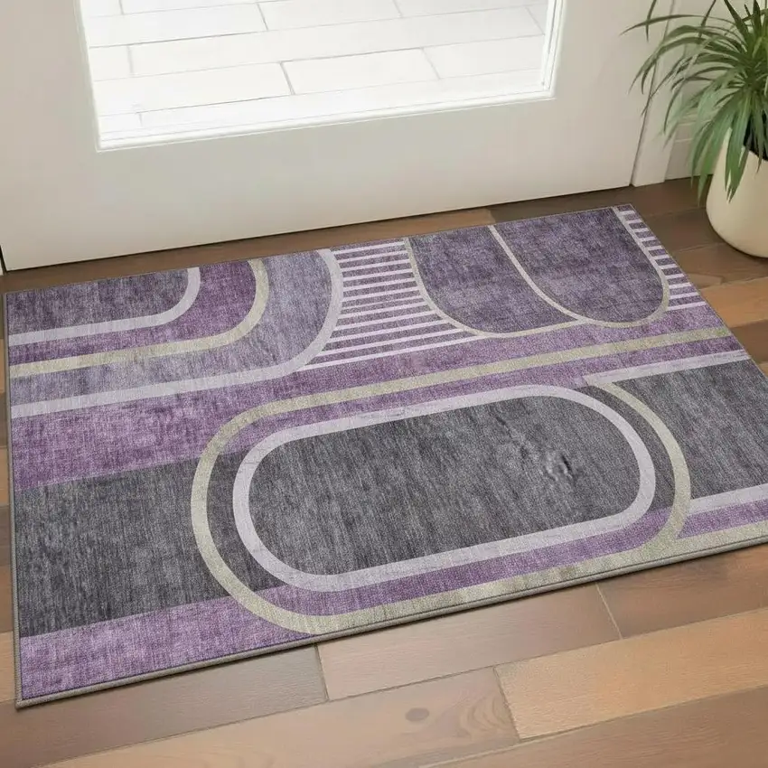 Purple And Khaki Geometric Washable Area Rug With UV Protection Photo 1