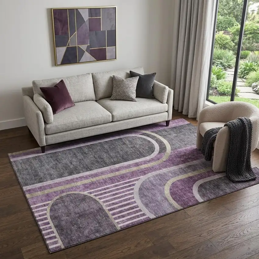 Purple And Khaki Geometric Washable Area Rug With UV Protection Photo 1