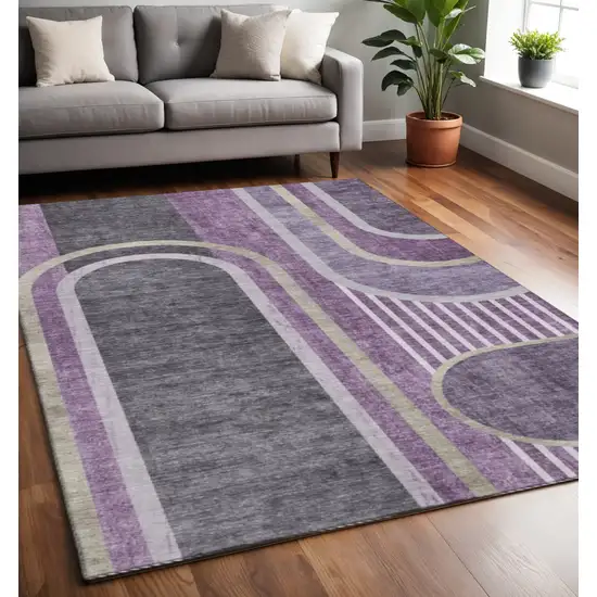 Purple And Khaki Geometric Washable Area Rug With UV Protection Photo 2