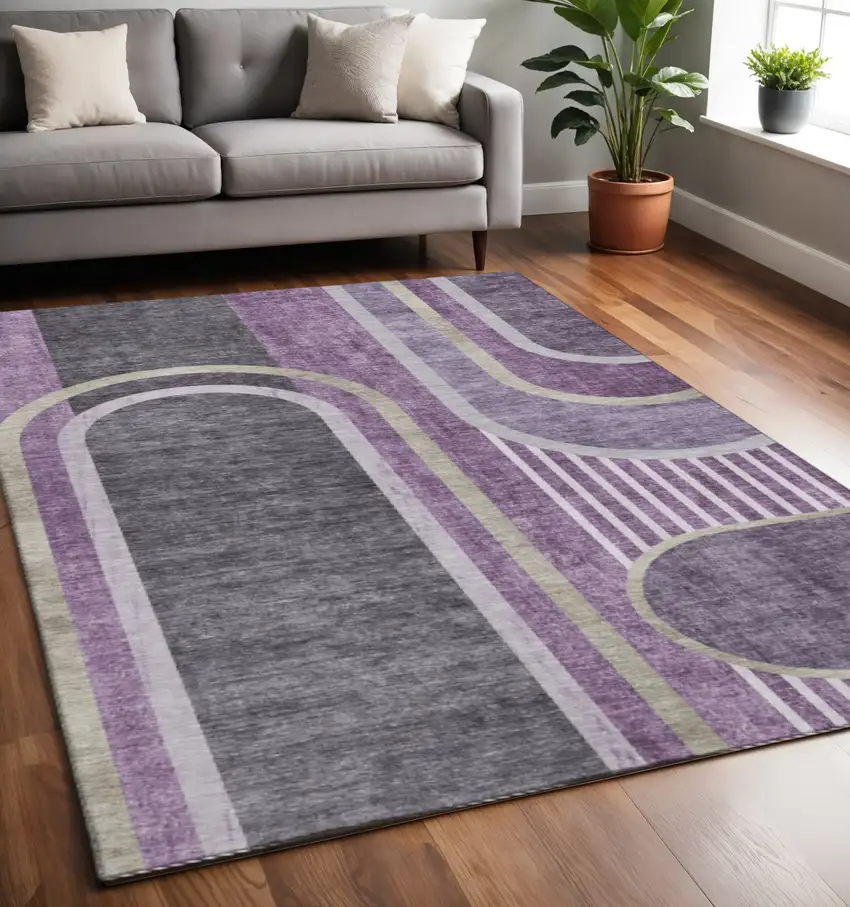 Purple And Khaki Geometric Washable Area Rug With UV Protection Photo 2