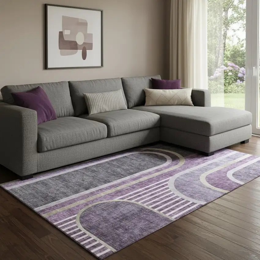 Purple And Khaki Geometric Washable Area Rug With UV Protection Photo 1