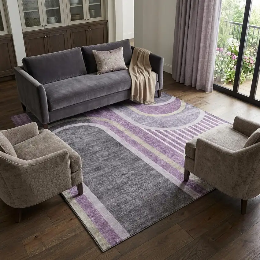 Purple And Khaki Geometric Washable Area Rug With UV Protection Photo 1