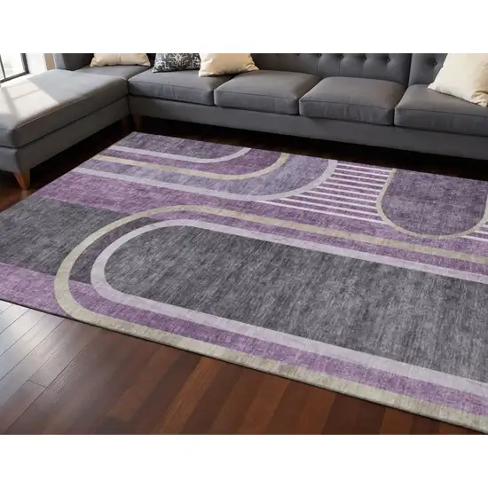 Purple And Khaki Geometric Washable Area Rug With UV Protection Photo 2