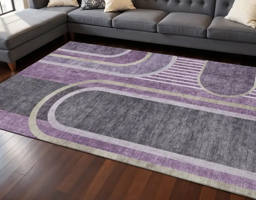Purple And Khaki Geometric Washable Area Rug With UV Protection Photo 2