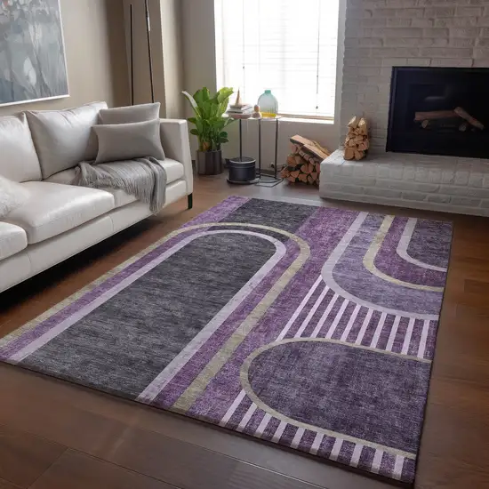 Purple And Khaki Geometric Washable Area Rug With UV Protection Photo 6