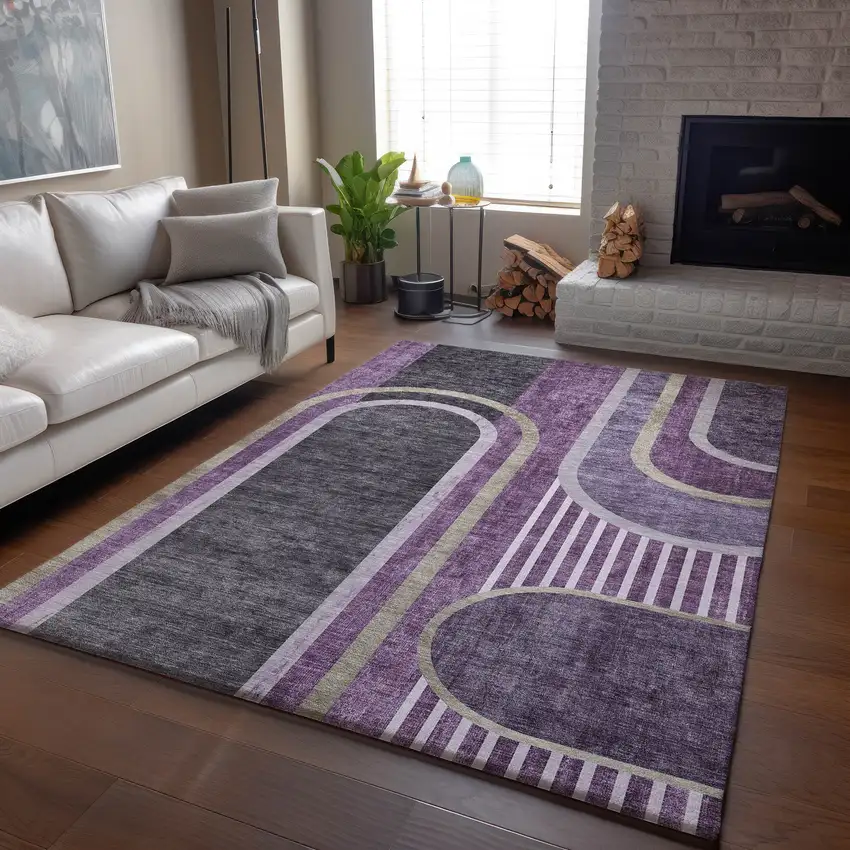 Purple And Khaki Geometric Washable Area Rug With UV Protection Photo 6