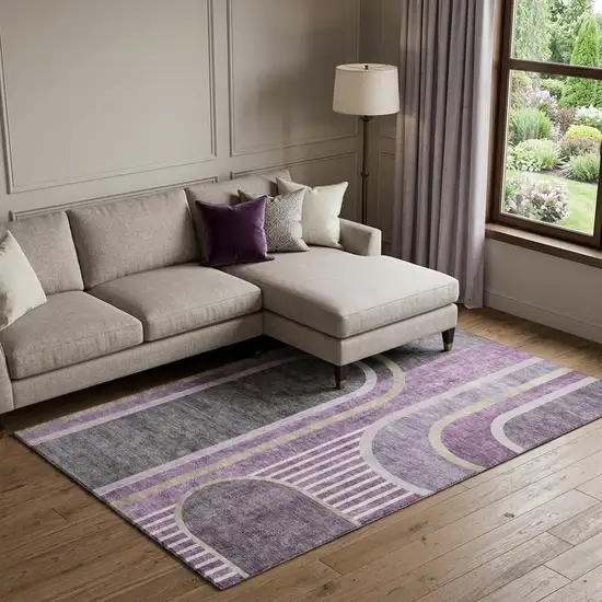 Purple And Khaki Geometric Washable Area Rug With UV Protection Photo 1
