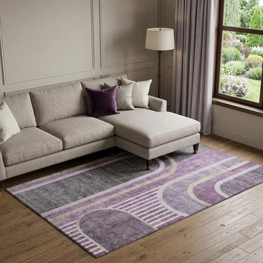 Purple And Khaki Geometric Washable Area Rug With UV Protection Photo 1