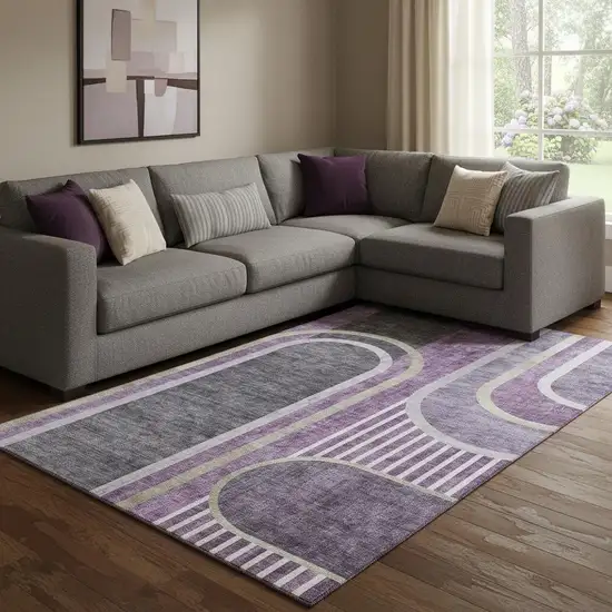 Purple And Khaki Geometric Washable Area Rug With UV Protection Photo 1