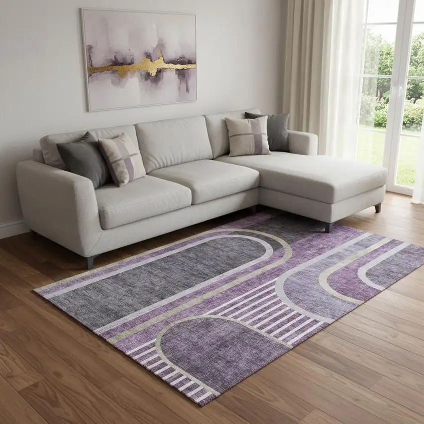 Purple And Khaki Geometric Washable Area Rug With UV Protection Photo 1