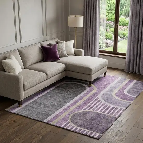 Purple And Khaki Geometric Washable Area Rug With UV Protection Photo 1