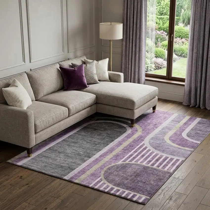 Purple And Khaki Geometric Washable Area Rug With UV Protection Photo 1